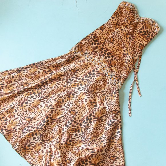 Mori Lee Leopard Print Beaded Corset Back Strapless Mermaid Flare Gown Sz US 5/6 - Picture 1 of 16